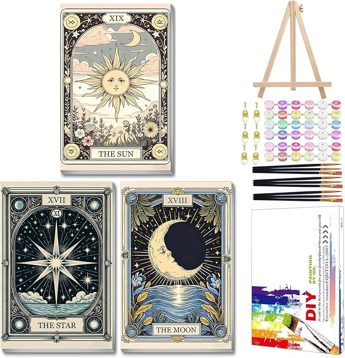 Tarot Paint by Numbers Kit for Adults with Frame, 3 Pack, 7.8x11.8 inch | DIY Painting Kits Crafts for Adults, Relieve Stress, Frame Canvas, Wooden Easel, Gift Box, Home Wall Decor