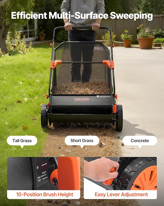 VEVOR Push Lawn Sweeper 26 in Leaf & Grass Collector 7 cu. ft. Hopper Bag