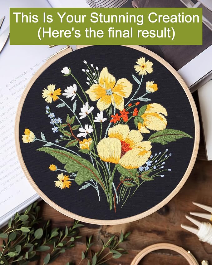 Santune 3 Pack Flower Embroidery Kit for Beginners Adults Cross Stitch Needlepoint Kits Hand Craft with Plant Patterns,3 Instructions,1 Hoop,Threads and 6 Needles