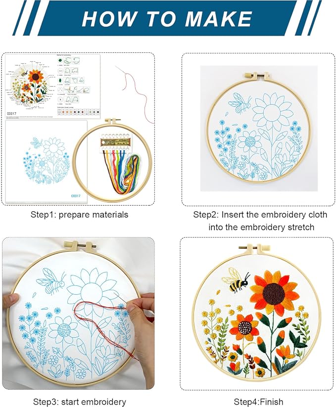 Zhenqing Bees & Flowers Embroidery Kit 11.4x11.4cm - 4-Piece Complete Cross Stitch Set with Pre-Printed Fabric, Threads, Hoop, Needles & Instructions | DIY Craft for Adults, Beginners-Friendly (C0046)