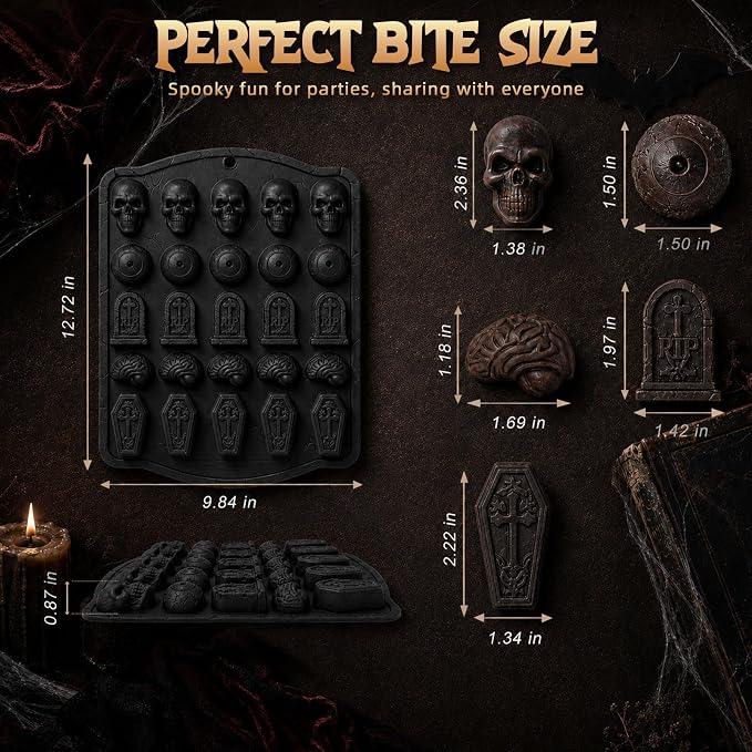 HKNMTT Skull Candy Chocolate Cake Pan 5-Shapes Halloween Silicone Mold | Skull Eyeball Tombstone Coffin Brain Mold 25-Cavity for Candy Gummy Chololate Jello Ice Cubes Muffin Non-Stick Food Grade