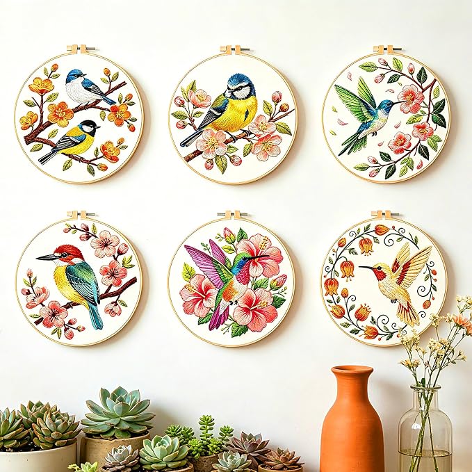 BEUNITONE 6 Set Embroidery Kit for Beginner Adults, Hummingbird & Flower Cross Stitch Set with Stamped Pattern Hoops Threads Cloth Needles, Embroidery Starter Kit for Home Decoration and Gifting