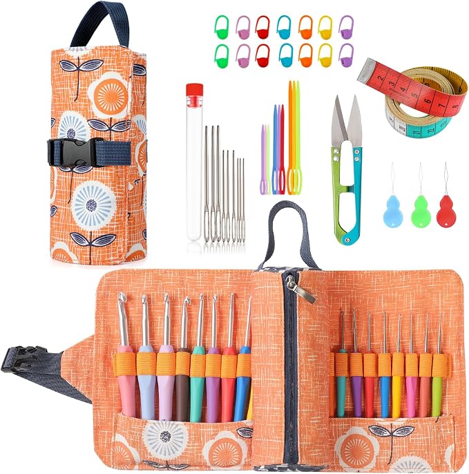 Vodiye 21 Sizes Ergonomic Crochet Hooks Set 0.5–10.0mm with Roll Bag, Soft Grip Crochet Needles for Crocheting Comfort