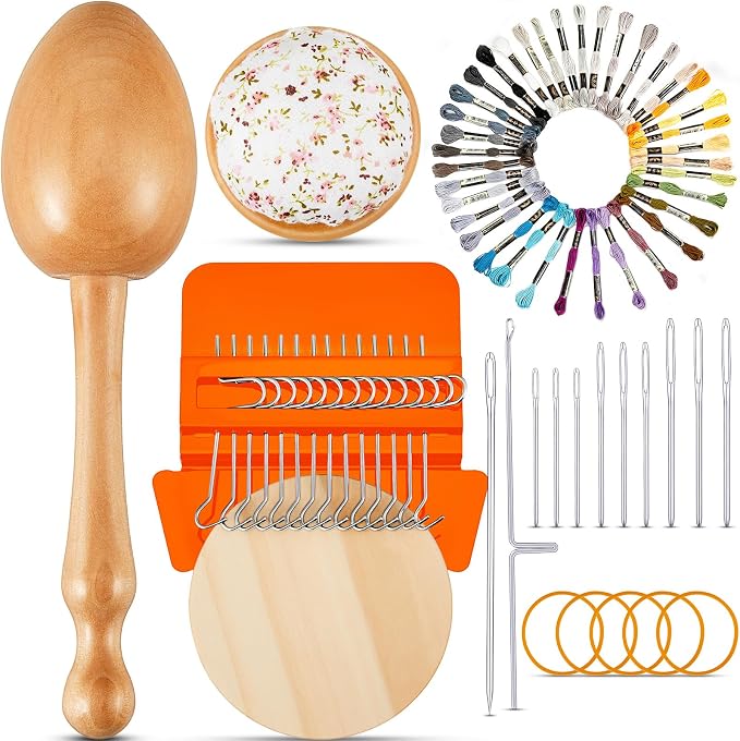 Jexine Mini Darning Egg for Socks 14 Hooks Small Speedweve Style Weaving Darning Loom with 9 Pcs Large Eye Needles 50 Colors Thread for Handcraft DIY Weaving Repair Tool(Bright Color)