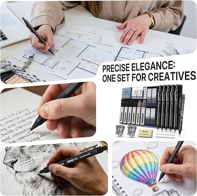 WUO Mechanical Pencil Set, 5 Pack Drafting Pencils 0.3/0.5/0.7/0.9/2.0mm