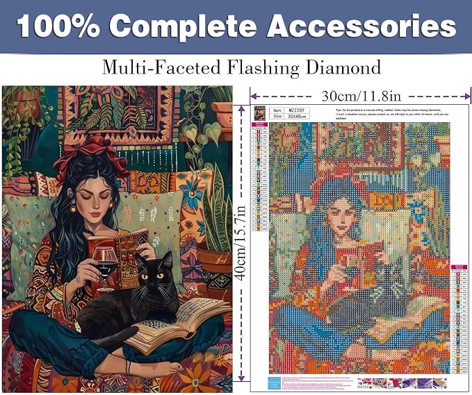 ijbnhd Black Cat Diamond Art Kits for Adults Reading Book 12x16 inch