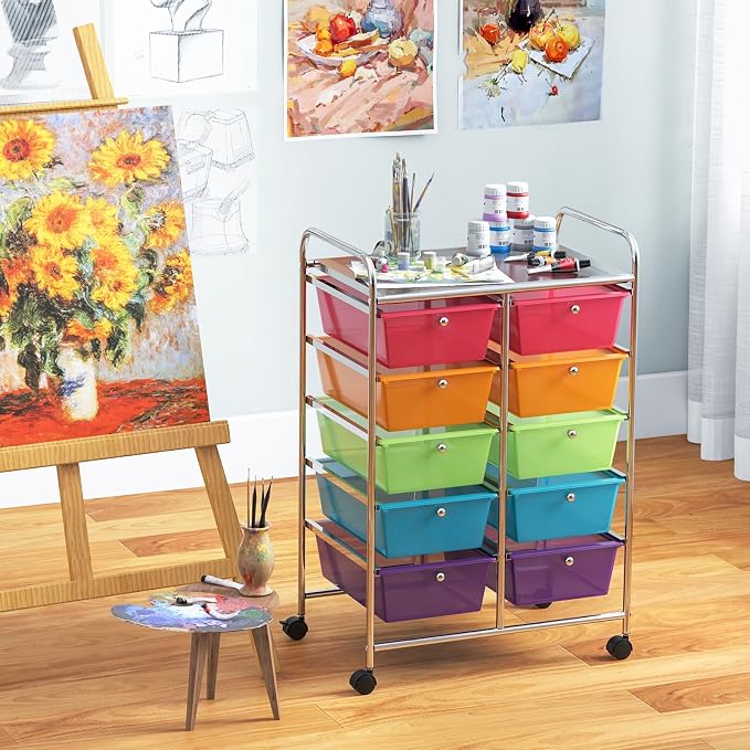 Giantex 10 Drawers Rolling Cart, Classroom Organizers, Storage Cart with Wheels, for Teacher Office Home School Supplies Tool Craft Art Paper