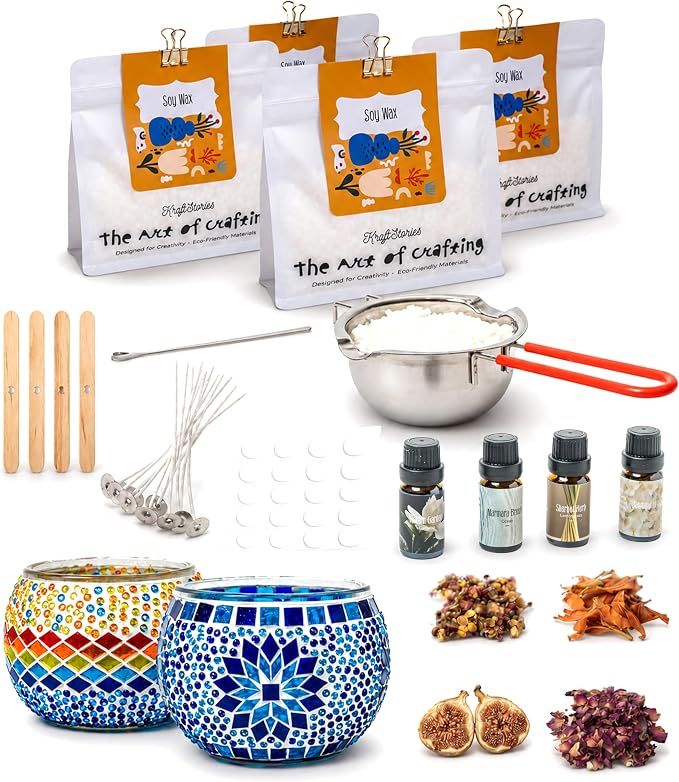 Candle Making Kit for Adults – DIY Candle Making Set with Natural Soy Wax, Wicks, Essential Oils, Dried Flowers & 2 Turkish Mosaic Glass Jars – Makes 2 Candles – Arts & Crafts Gift for Women