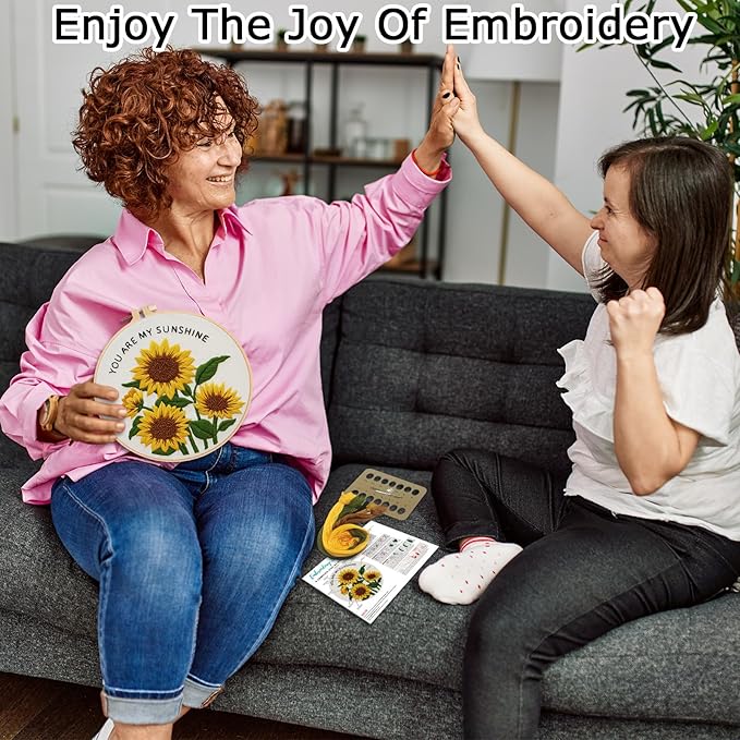 Nuberlic Sunflower Embroidery Kit for Beginners | Adults Starter Cross Stitch Kit DIY Needlepoint with Hoop, Pre-Printed Fabric, Threads & Step-by-Step Guide