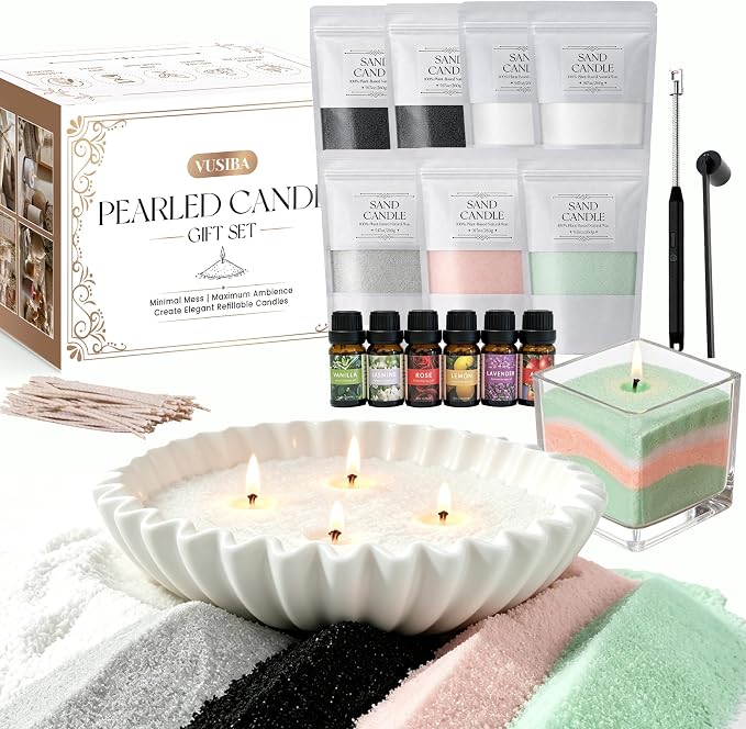 VUSIBA 4 Lb Pearled Candle Sand with Wicks & Bowls, Colorful Sand Wax Kit | Reusable Unscented Sand Wax Beads, Natural Fragrance Oils Included, Refillable Candle Sand, No Toxic Long Lasting Sand Candle