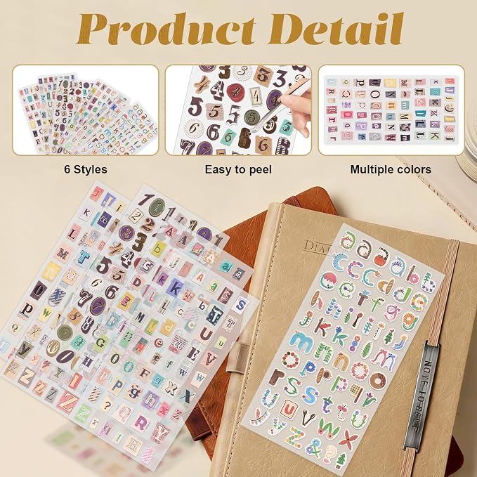 347PCS Letter Stickers for Scrapbooking, DIY Crafts Gift Junk Journal | Vintage Scrapbook Stickers with Retro Letters and Numbers, Waterproof Vinyl Design for Junk Journals, Diy Crafts and Albums.