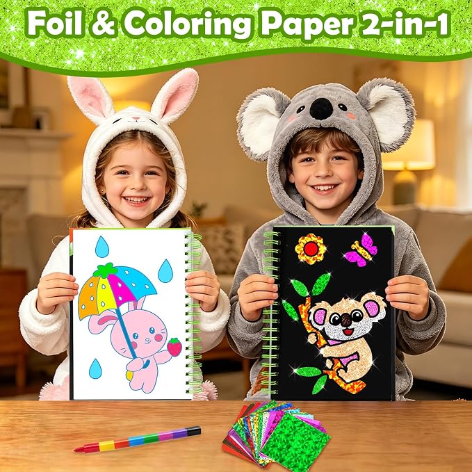 FUNNYB&G Foil Art Craft Kit for Kids, Sparkly Birthday Gift Toy for Kids | No Mess, Kids Ages 4-10 Create Sparkling Artwork, A Creative Gift for Birthdays, Holidays, Travel Activities,Screen-Free Fun