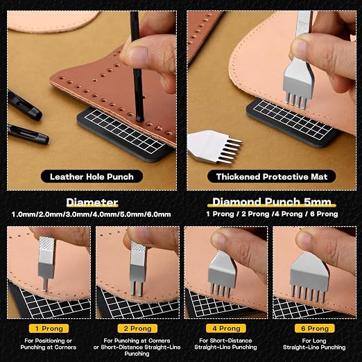 Leather Stitching Punch Hole Punch Tool Set, 5mm 1/2/4/6 Prong Punch Chisel