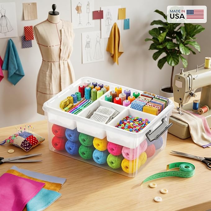 17QT 2Packs Clear Craft Organizers and Storage with Fixed-Compartment Tray, Art Supply Organizers and Storage, Craft Storage Bins with Lids for Beads, Markers, Playdoh, Tools and Coloring Books