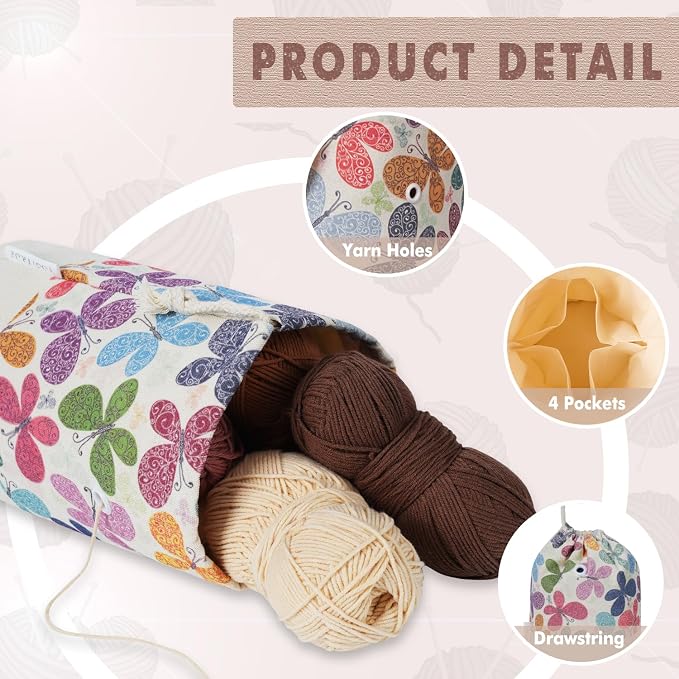 TOGETRUE Yarn Bag, Small Knitting Crochet Bag, Portable Yarn Storage Bags Organizer for Crocheting Project, Store Skein Ball, Short Knitting Needle (Butterfly)