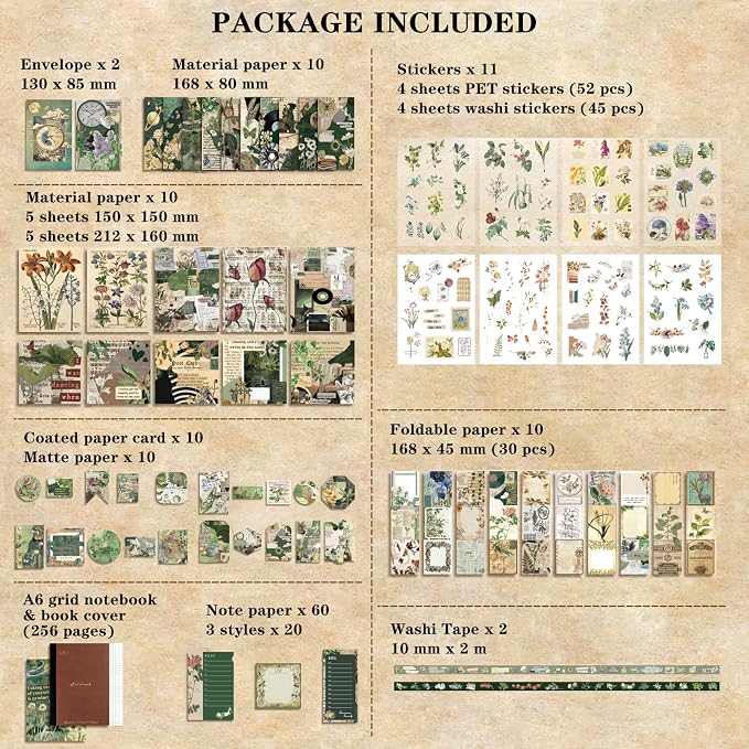 BoomTeck Vintage Scrapbooking Kit, Aesthetic Junk Journal Supplies with Scrapbook Paper, Washi Stickers, A6 Grid Notebook - DIY Craft Journaling Gift for Teen Girl Adult (Green)