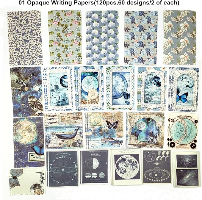 Esweny 200PCS Vintage Scrapbooking Supplies Pack, Aesthetic Scrapbook Sticker Paper Art Journaling Kit for Junk Journals,Planner,Cottagecore Decor Gifts (Blue Series)