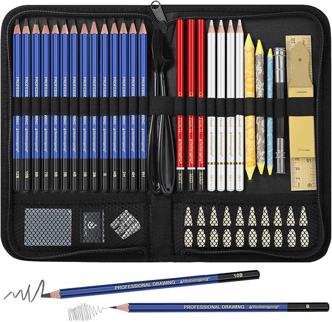 53 Pack Drawing Set Sketch Kit, Sketching Supplies for Drawing with Graphite, and Charcoal Pencils, Pro Art Drawing Kit for Artists Adults Beginner, Ideal for Shading, Blending