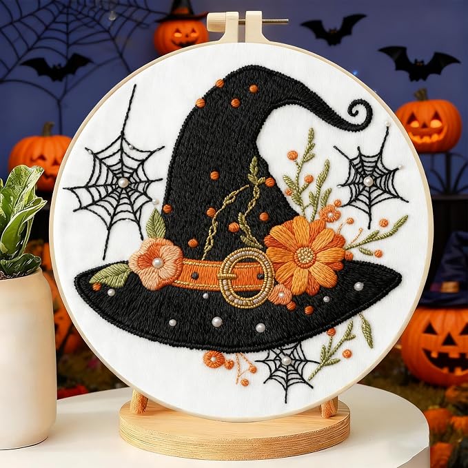 Zhenqing Halloween Witch Hat Embroidery Kit for Beginners, Black Witch Hat Needlework Kit with Pre-Printed Cotton Fabric, Hoop, Threads & Tools, Spooky Fall Decor (C0119)