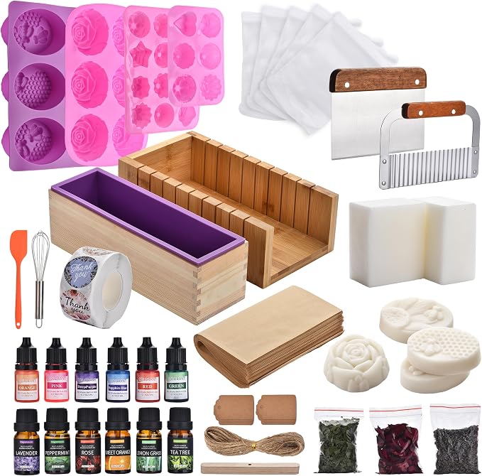 kelodo Soap Making Kit for Adults All-in-One Soap Making Supplies | Includes Melt & Pour Goat Milk Soap Base, Silicone Loaf Molds,Premium Cutting Box & 500+PCS DIY Handmade Soap