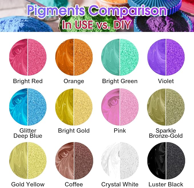 Mica Powder 12 Colors Pearlescent Pigment - for Resin Epoxy, Soap Making, Nail Polish, Lip Gloss, Eye Shadow, Bath Bomb, Slime & Candle - 10g Each Bottle (Basic Color Series)