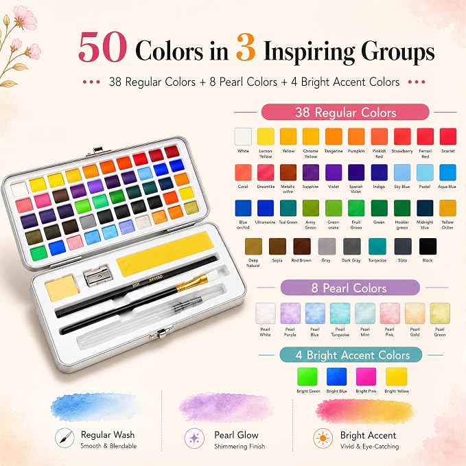 50 Colors Watercolor Paint Set with Watercolor Workbook for Adults | Travel Watercolor Set with 14 Pre-Drawn Projects, 1 Water Brush, 6 Detail Brushes & Painting Supplies for Teens & Beginners