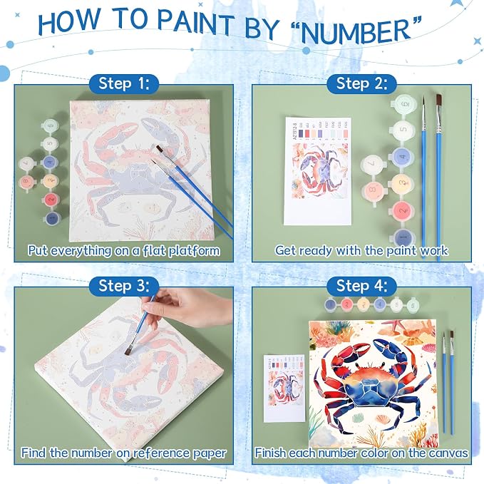 Nezyo 12 Sets Paint by Numbers with Frame, Ocean Animals Canvas 8x8 Inch | DIY Acrylic Number Painting for Beginners, Sea Life Designs, Includes Brushes Paints, Party Classroom Birthday Gift