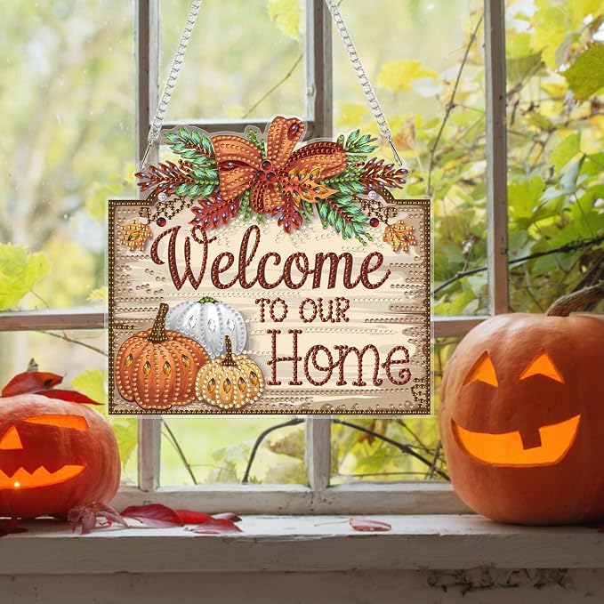 Bowetile Fall Diamond Art Hanging Kits for Adults, Welcome to Our Home Diamond Art Suncatchers, 5D Special Shape Autumn Diamond Painting Pendant Window Ornament Gifts for Home Door Wall Decor