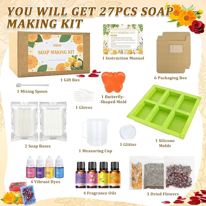 ZQBQC Soap Making Kit, Soap Making Kit for Adults Beginners, DIY Craft Supplies with Shea Butter Glycerin Melt and Pour Soap Base, Molds, Fragrances, Dried Flowers, Soap Craft Set for Adults and Kids