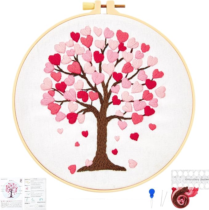 Love Heart Tree Embroidery Kits for Beginners Adults, Valentine's Day Hand Embroidery Kits, Cross Stitch Kits for Adult Anniversary Valentine's Gift, Entire Set of Embroidery Supplies & Video Tutorial