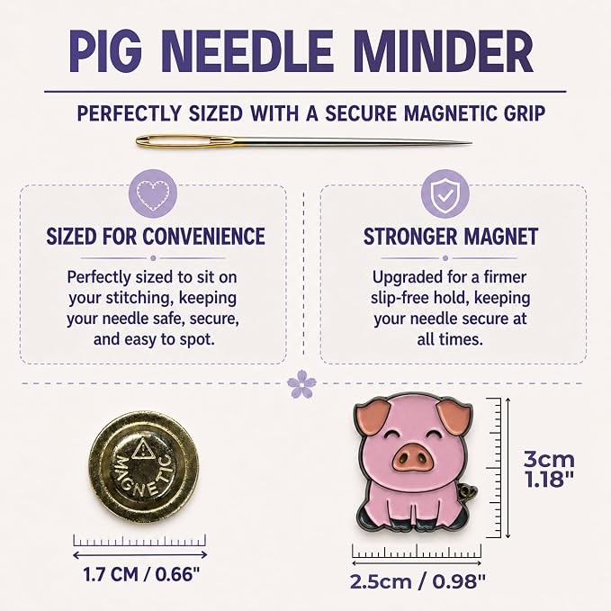 The Quilted Bear Magnetic Needle Minder, Pig | Enamel Needle Keeper for Embroidery & Cross Stitch, Secure Holder for Sewing Needles & Pins, Strong Magnet, Sewing Accessory