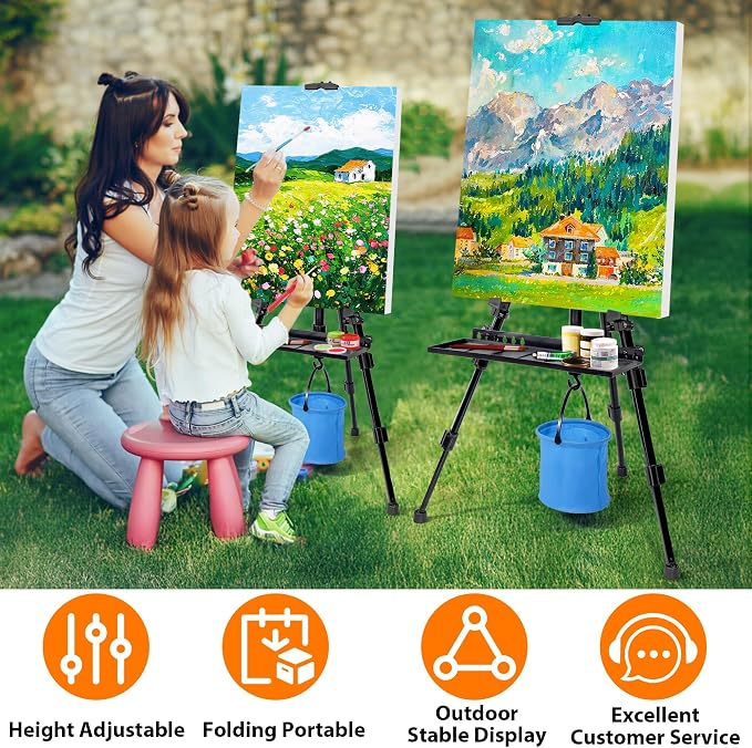 Easel Stand for Painting Artist Easel Stand Adjustable Height 20" to 61" Metal Tripod Art Easels Stand for Painting Canvases Tabletop Floor Art Easel Stand with Tray, Bag, Folding Keg, Black
