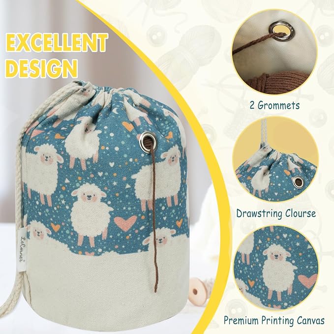 Small Crochet Bag Organizer, Drawstring Storage Knitting Bags, Portable Cute Sheep Yarn Holder for Crocheting Project, Store Skein Ball, Needles Accessories