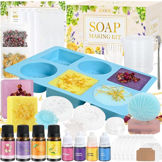 Jcoos DIY Soap Making Kit, Soap Making Kit for Adults Girls, Make Your Own Soap Making Supplies, Shea Butter Glycerin Base, Mold, Dried Flowers, Dye, DIY Scents Crafts, Valentine's Day Gifts