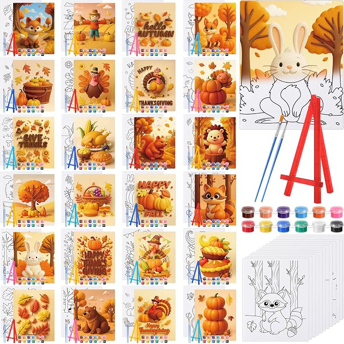 Blosssound 24 Pack Fall Pre Drawn Canvas Painting Kit 5 x 7 Inch Pre Printed Canvas to Paint with Easel, Paint Pots Brushes Stretched Panels Bulk for Adult Autumn Thanksgiving Sip Party Student DIY