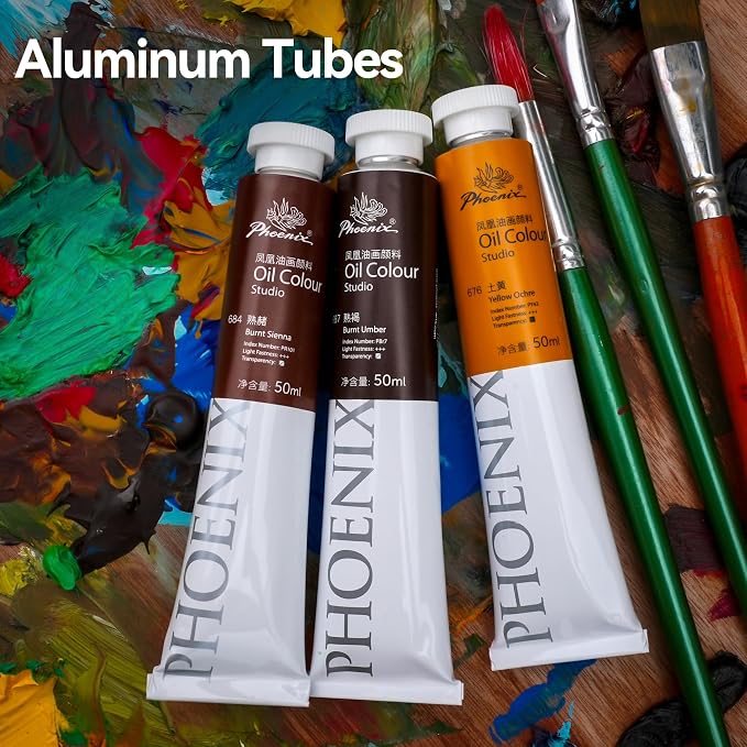 PHOENIX Studio Oil Paint Set - 10 Classic Colors x 50ml / 1.69 Fl oz. with Rose & Sap Green for Landscape Painting, Florals, Nature Scenes - Professional Oil Based Art Paints