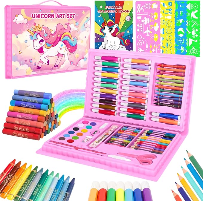 homicozy Art Supplies, Unicorn Drawing & Coloring Set with Crayons, Colored Pencils, Markers, Sketchbook, Watercolor Cakes, Stencils, Arts and Crafts Painting Kit for Kids Ages 4-10, Girls Boys Gift