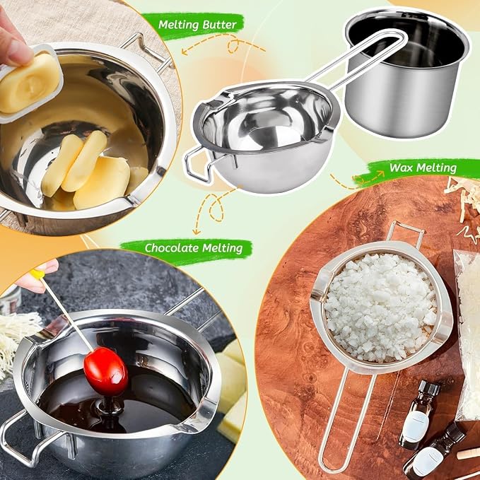 Double Boiler Pot for Melting Wax, Stainless Steel Candle Making Kit with Silicone Spatula, Thermometer & heat-resistant mat for Soap Chocolate DIY Crafts(1400ml+600ml)