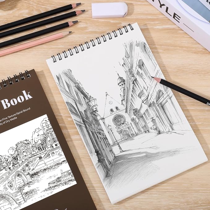 4 Pack Small Sketch Books, 5.5 × 8.5 in, Spiral Bound, Yellow-Brown | 100gsm Acid-Free Paper, 30 Sheets Each, for Pencils Charcoal & Crayons, Portable Hardcover Design, Lays Flat