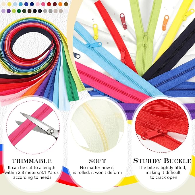 DOITEM 77.5 Yards 25 Pieces Sewing Zippers #3 Nylon Coil Zippers Assorted Zipper for Sewing with 150 Zipper Sliders for DIY Tailor Sewing Crafts Supplies, 25 Color