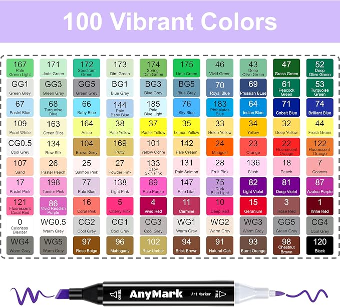 AnyMark Alcohol Markers, 100 Colors Dual Tip Art Coloring Markers Set | Alcohol Based Markers for Adult Book Drawing Sketching Painting, Chisel & Fine, Black Penholder