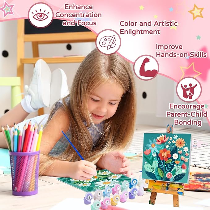 cviokrdu 4 Pack Paint by Numbers Kit for Kids with Frame - Wooden Easel, Flowers Paint by Numbers for Kids Ages 4 8 12, Easy Flower Acrylic Oil Painting Kits for Home Wall Decoration 8x8 inch
