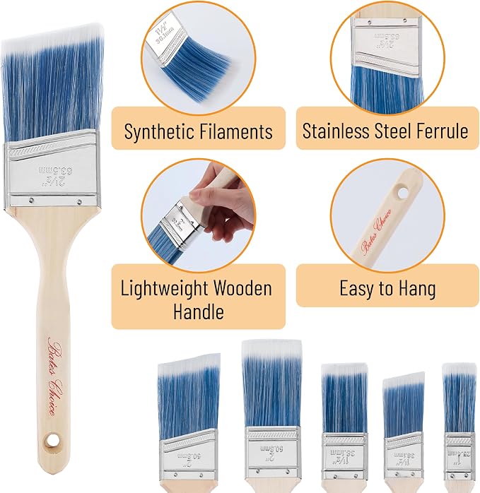 Bates- Stubby Angle Paint Brushes for Walls and Trim, 2-Inch, 12 pcs, Treated Wood Handle, 2 Inch Paint Brushes (Pack of 3)
