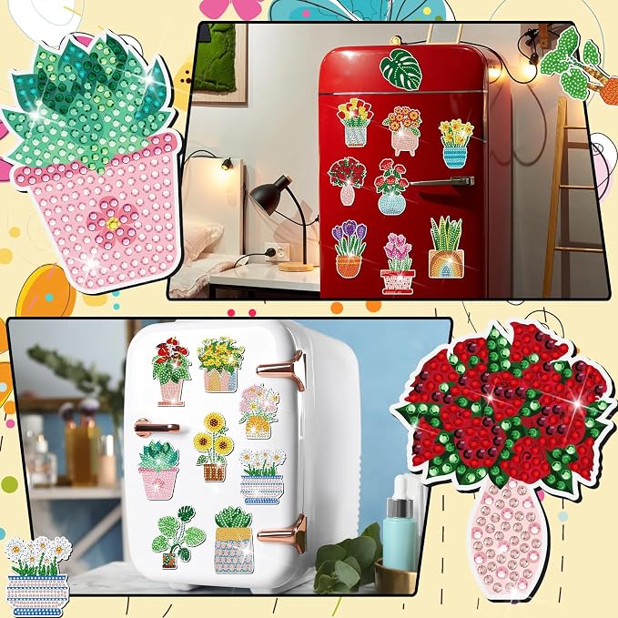 Remuuly 30 Pcs Diamond Painting Magnets Plant Flower Diamond Art Magnet Kit | Diamond Art Kits for Adult, Refrigerator Magnet, 5D Rhinestone Fridge Magnetic Sticker, Diamond Club Gift, Beginner DIY Craft