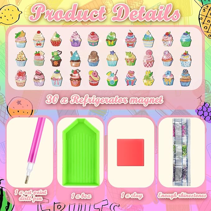 Remuuly 30 Pcs Cupcake Diamond Painting Magnet Diamond Art Kits for Adults | Cake Refrigerator Magnets, Cupcake 5D Rhinestone, Fridge Magnetic Sticker, Small Diamond Club Gifts, Beginner DIY Crafts