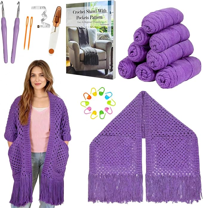 Arborthread Crochet Kit for Beginners, Easy All-Season Pocket Shawl & Scarf Crochet Kit for Adults w/Ample Premium Yarn to Fit Different Sizes, Step-by-Step Video & Instructions, Pureple
