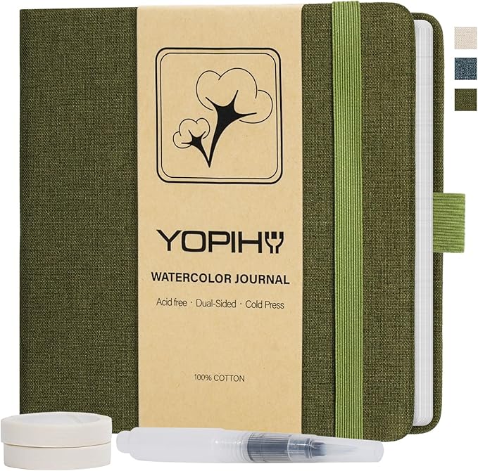 Yopih Artists Premium Linen Watercolor Sketchbook 5.5 x 5.5 in Green