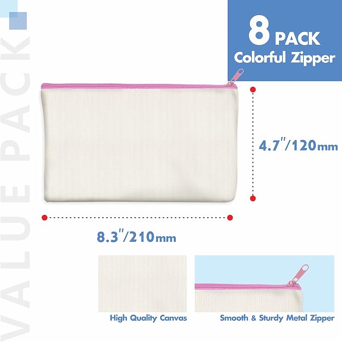 8 Pack Canvas Colorful Zipper Bags, DIY Craft Bags Travel Canvas Makeup Pouches for Cosmetic Toiletry Stationery Storage (Beige, 8.3” x 4.7”)