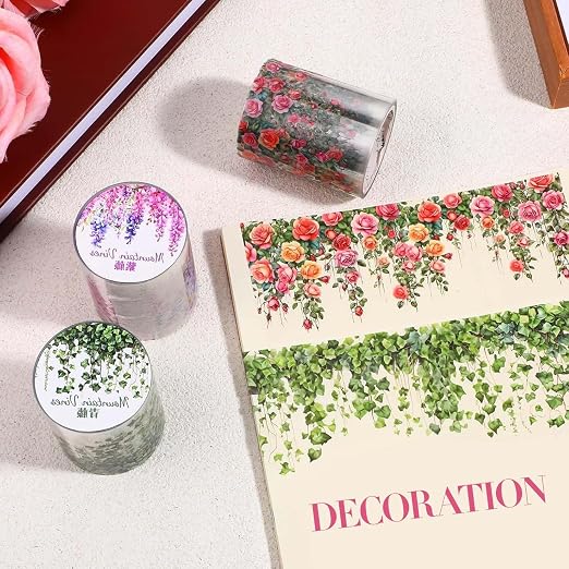 3 Rolls Floral Washi Tape Set, Colorful Rose Vine Scrapbook Tape Self-Adhesive Washi Tapes Vintage Flower Stickers for Journaling, PET Floral Tape Stickers for Scrapbooking Junk Journal Supplies