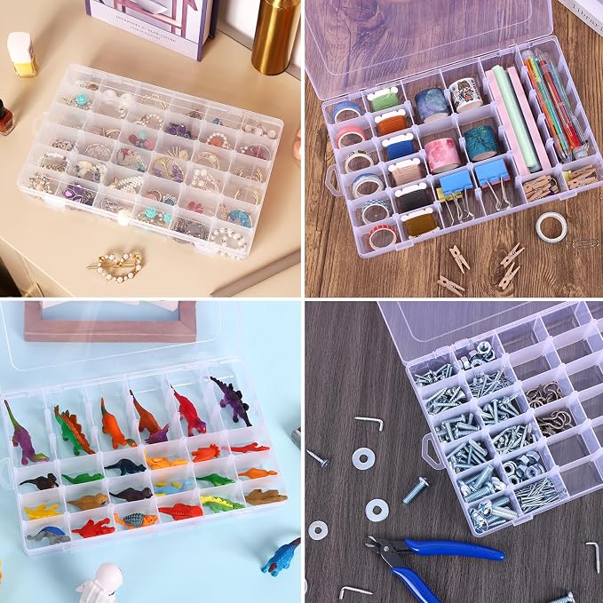Bead Organizer Storage 4 Pack 36 Grid Jewelry Tackle Craft Box Adjustable | Clear Plastic, Adjustable Dividers, Label Stickers Included, for Beads Jewelry Crafts Fishing Tackle and Small Parts